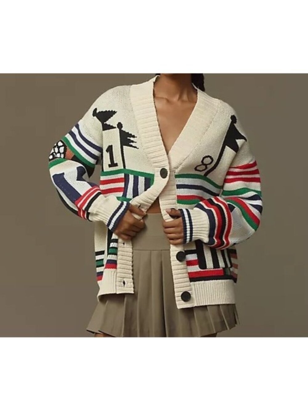 Anthropologie Golf Themed Oversized Cardigan Sweater Preppy Club Womens XL